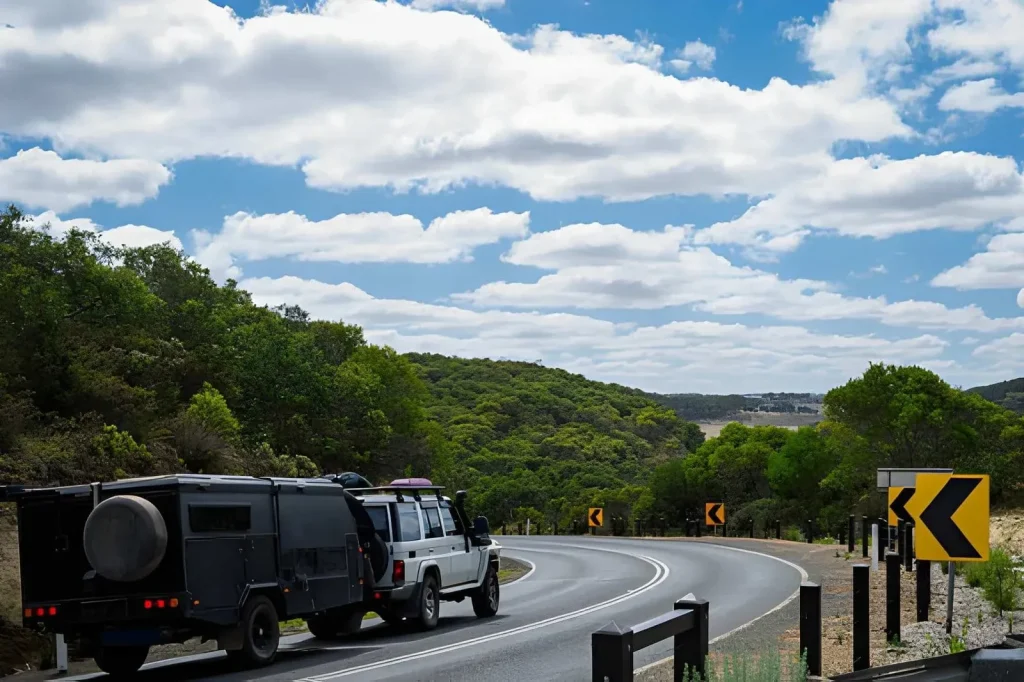 Caravan being towed along a highway