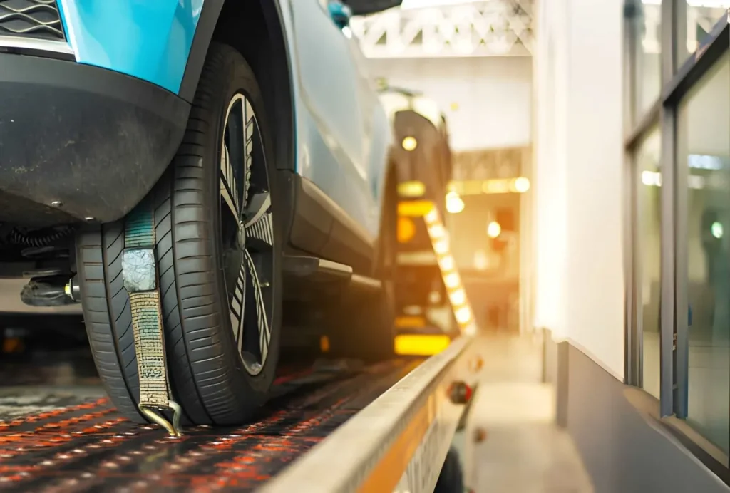 Close-up of a vehicle wheel secured on a flatbed tow truck