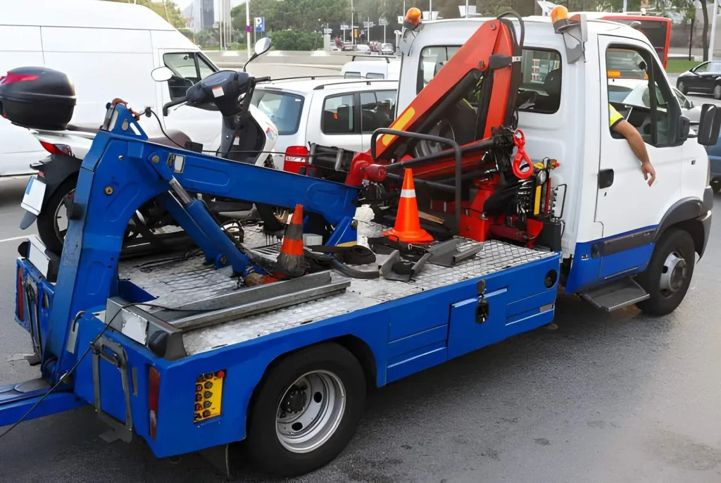 Motorcycle secured for towing transport
